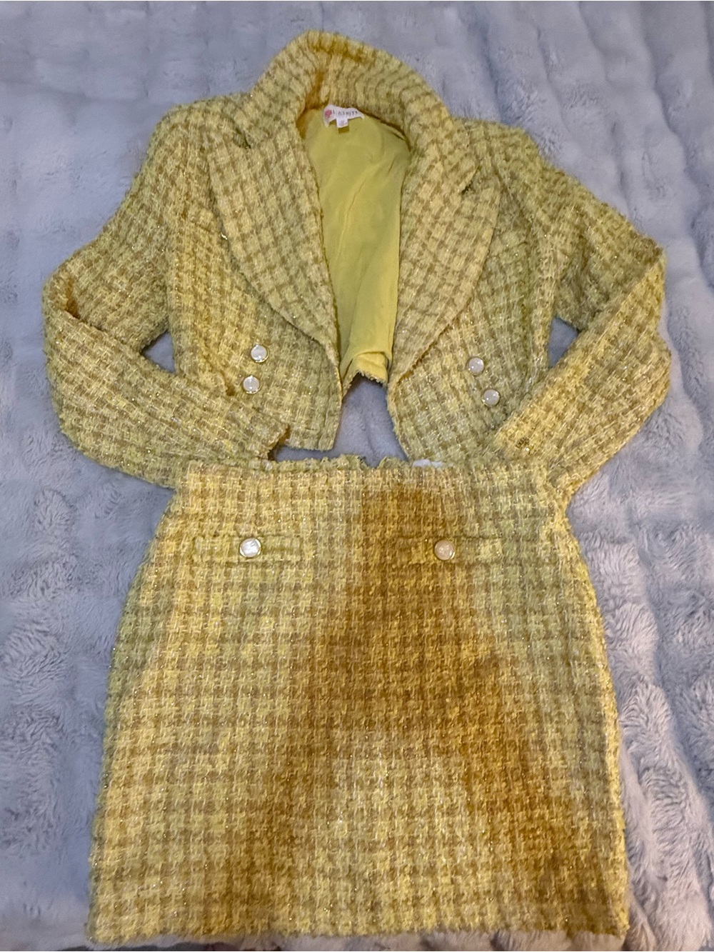 L'ATISTE Yellow Tweed Two-Piece Skirt Set